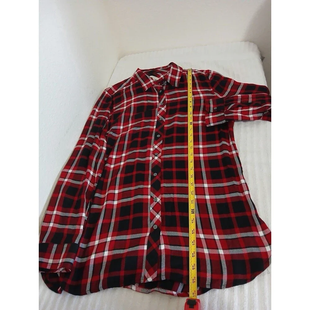 Talbots Women's L Red Plaid Polka Dot Long Roll Tab Sleeve Button Down Shirt Top